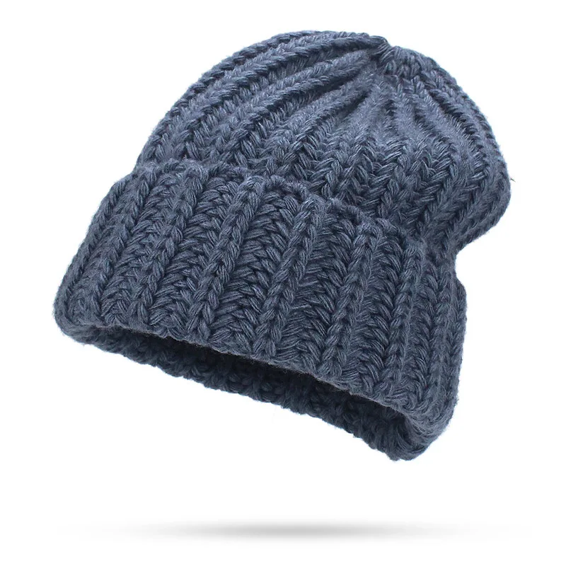 Leisure Fashion The New Hat For Women's Autumn Winter Hats Increase Big Beanie Knit Wool Set Head Hat Acrylic Thick Line Caps - Цвет: Тёмно-синий