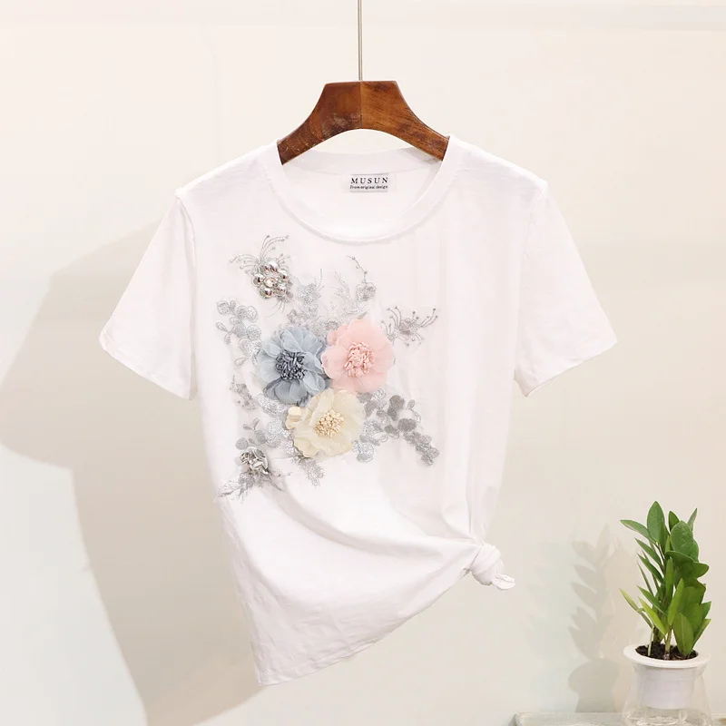 Europe America Women Heavy Work Embroidery 3D Flower Tshirts + Jeans 2pcs Clothing Sets Summer Casual Suits plus size | Женская одежда