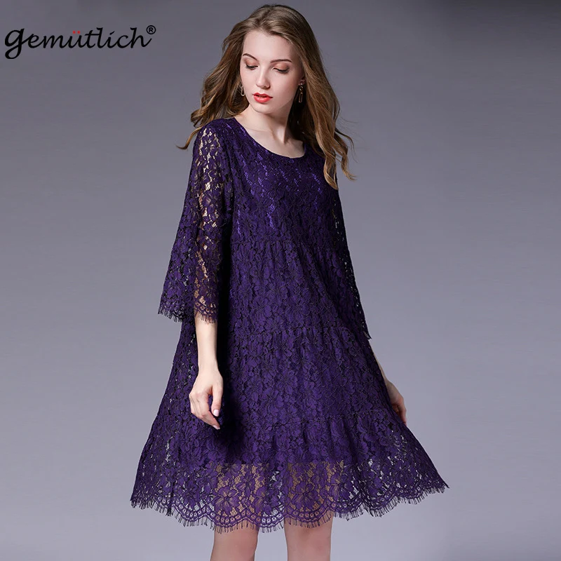 Женское кружевное платье GEMUTICH свободное с круглым вырезом и коротким рукавом