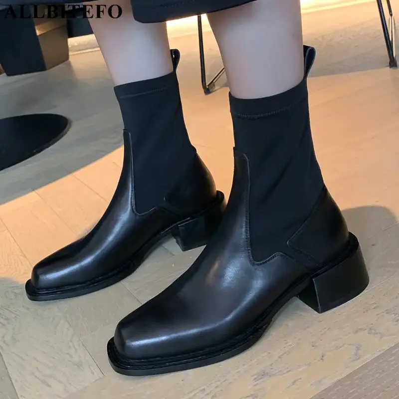 

ALLBITEFO Elastic Material + Genuine Leather Women Boots Autumn Winter High Heel Boots Shoes Work Fashion Girls Ankle Boots