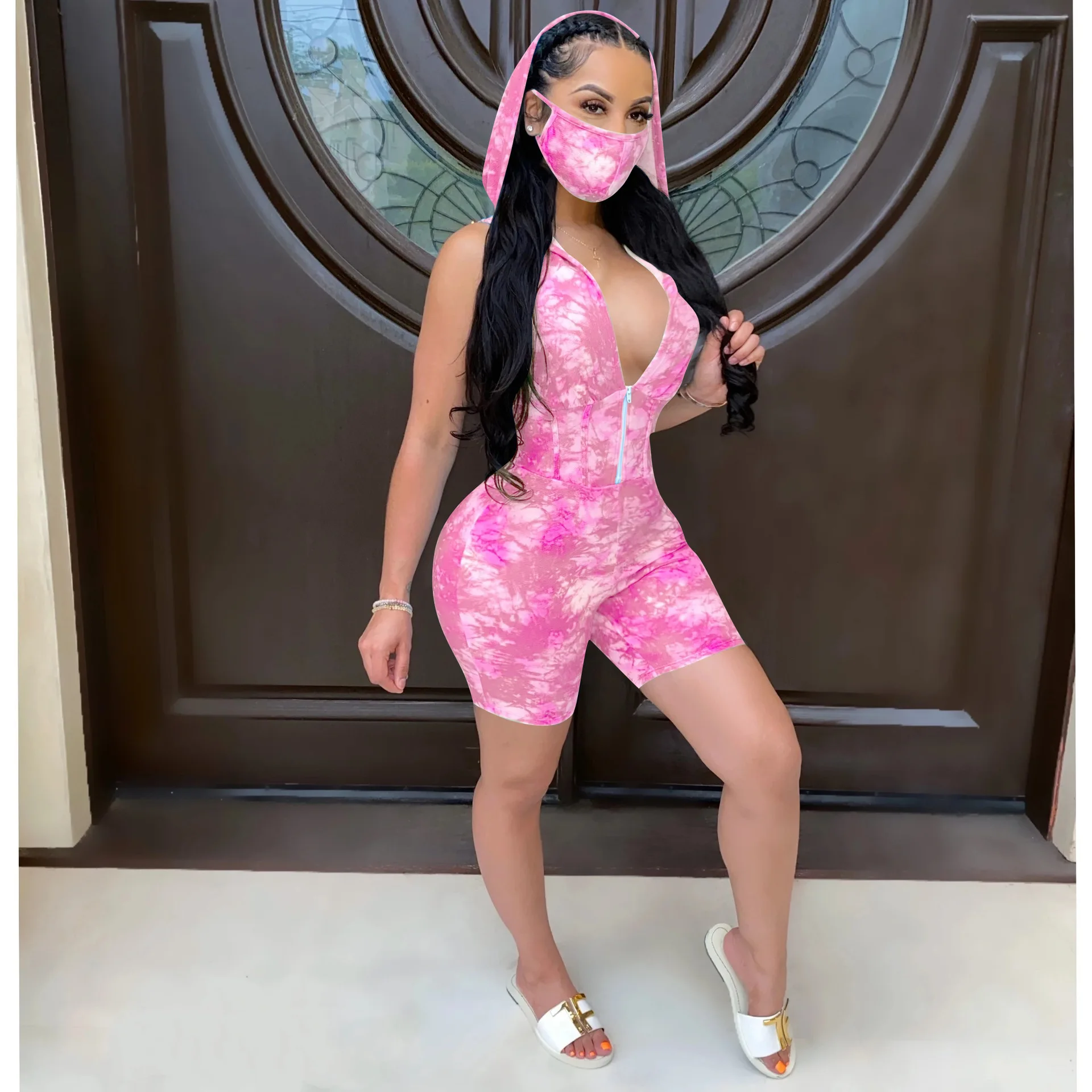 

Women Vest Hooded Jumpsuit Female Short Clothing 2 Piece Set Exercise Plus Size Tie Dye Summer