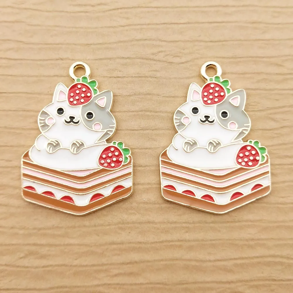 

10pcs 21x29mm Enamel Strawberry Cake Cat Charm for Jewelry Making Earring Pendant Necklace Bracelet Accessories Craft Supplies