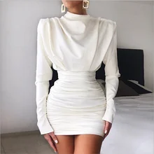 Vestido corto informal de manga larga para mujer, prenda blanca con cuello redondo, estilo minimalista, elegante (1)