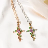 creative leaf winding cross pendant womens zircon necklace