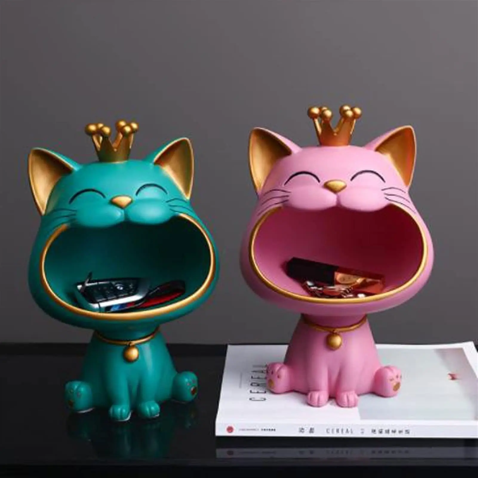 

Nordic Lucky Cat Statue Resin Sculpture Figurine Ornaments Key Phone Candy Desk Organizer Big Mouth Cats Storage Box Home Decor