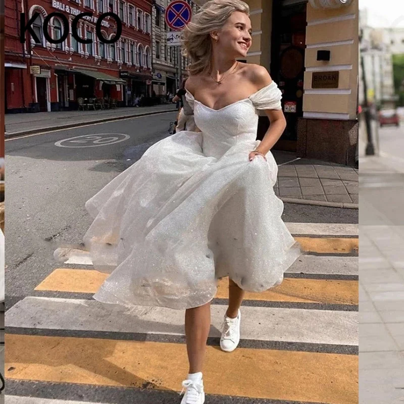 

MACDUGAL Wedding Dresses 2021 Simple Short Tulle Beach Bride Gown Elegant Off Shoulder Vestido De Novia Civil Women Skirt