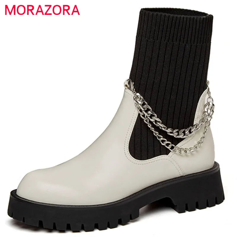 

MORAZORA 2021 Hot Sale Autumn Winter Ankle Boots Women Shoes Chain Fashion Stretch Boots Comfortable Low Heels Casual Shoes Lady