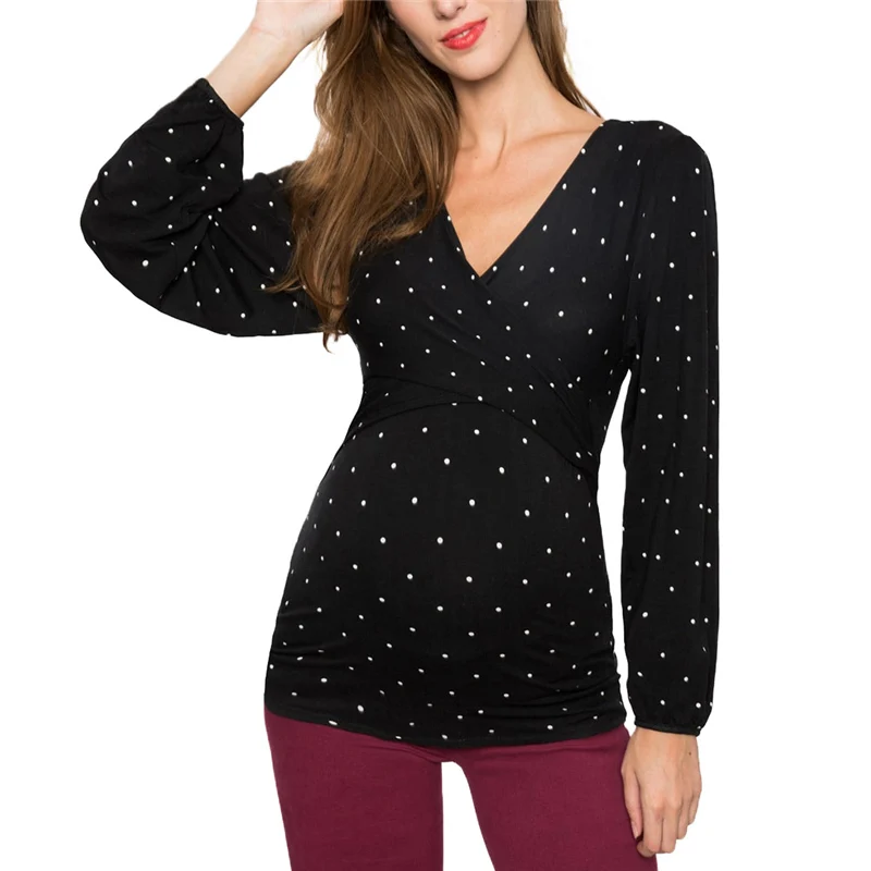 

Spring And Autumn Maternity Deep V-Neck Long Sleeve Tees Multi Color Printing Cross Lactation Care T-shirt