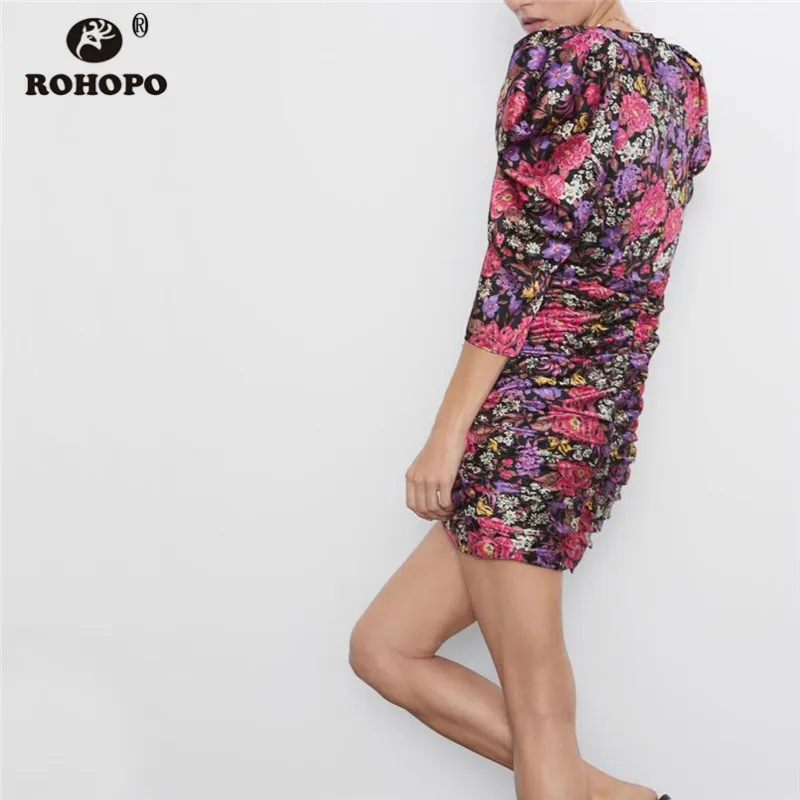ROHOPO Puff Sleeve Autumn Floral Draped Cake Dress V Collar Back Zipper Closure Sheathe Printed Sexy Mini Party Vestido #9719 | Женская
