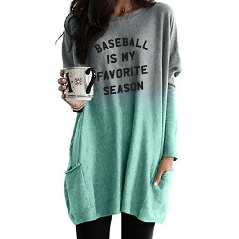 

Casual Long Sleeve T-Shirt For Women Baseball Is My Favorite Letters Print T-Shirt Dress Female Plus Size T-Shirt Streetwear
