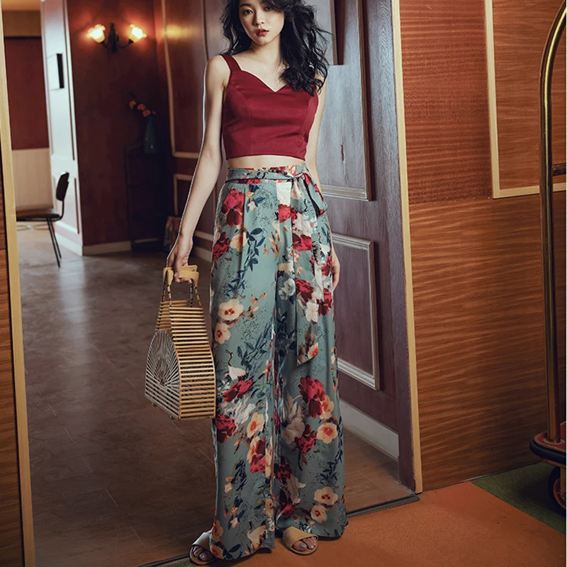 

HStar Vintage Floral Trousers Women Chiffon High Waist Pants Celebrity Elegant Pantalones Mujer Cintura Alta Summer