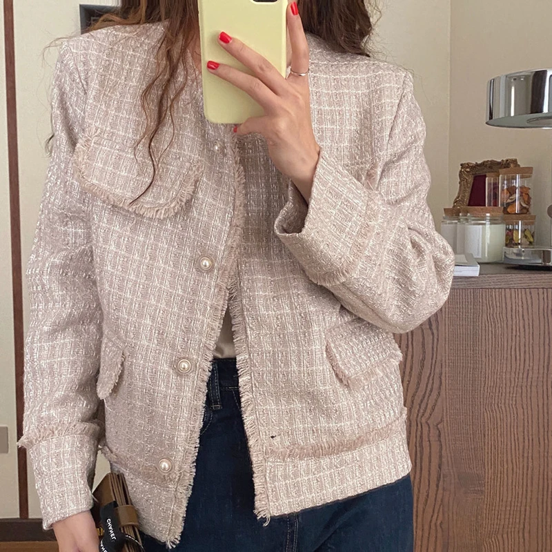

Dunayskiy Vintage Feminine Jacket 2021 New Elegant Office Lady O-neck Single Breasted Autumn Coat Short Jackets