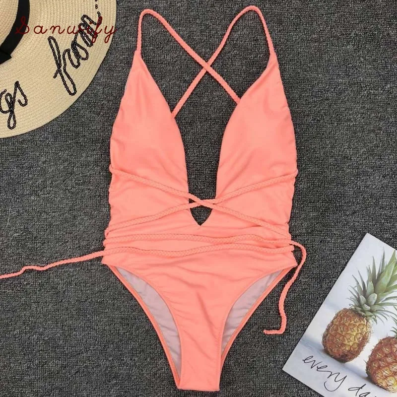 

Women Swimwear 2020 Sexy High Cut Piece Swimsuit Backless Swim Suit Thong Bathing Suit