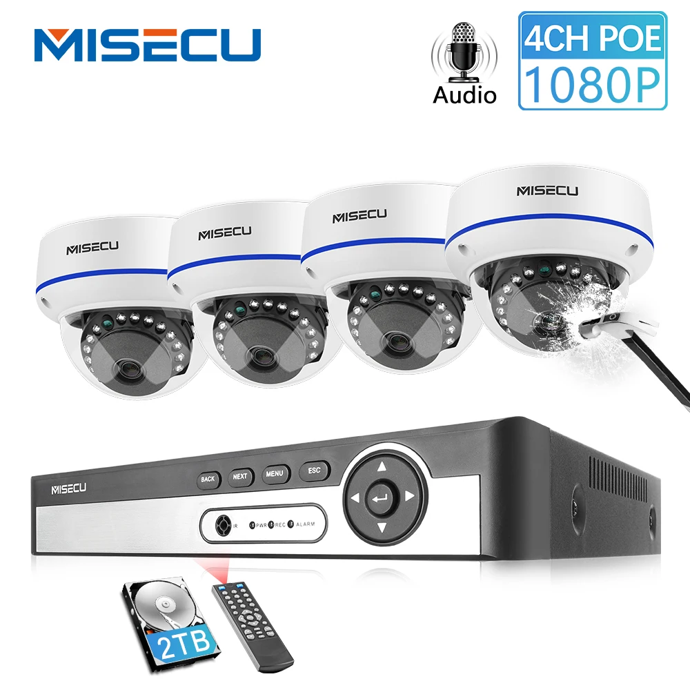 MISECU 4CH 5MP POE NVR видео безопасности Системы 2/4 шт. 2MP 1080P POE IP купольная Камера аудио анти вандальная кабель для камеры cctv комплект