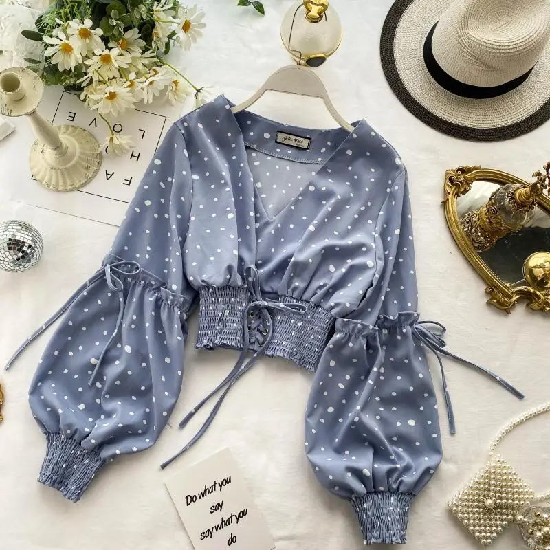 Polka Dot Short Women Blouses and Tops Sexy V Neck Bandage Chic 2020 Puff Sleeve Shirts Spring Korean Blusas 13627 | Женская одежда