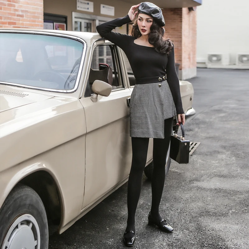 Женская винтажная юбка с высокой талией асимметричная шерстяная гусиные лапки