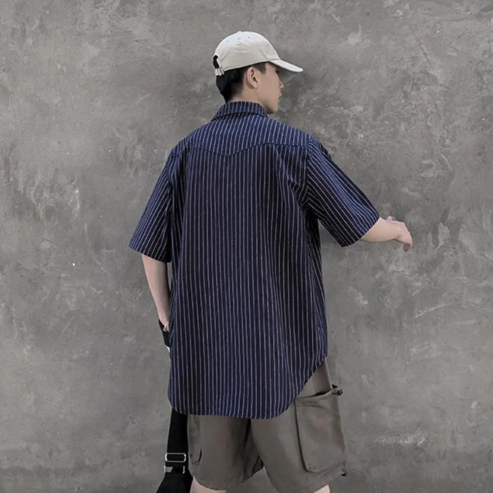 

Fashion Harajuku Short Sleeves Shirt Pocket Men Loose Casual Striped Tops Streetwear Summer Casual Shirts Mens Blouse