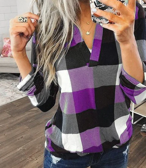 Женская блузка в клетку с V-образным вырезом | одежда