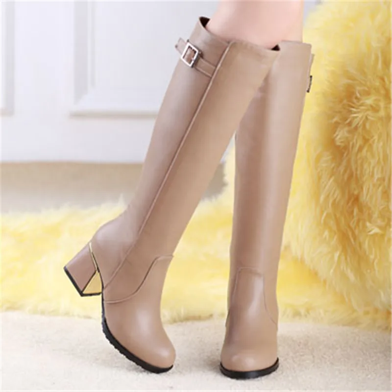 

ENMAYLA Autumn Winter Chunky Heels Knee Boots for Women High Heels Buckle Shoes Woman Motorcycle Boots Black women boots