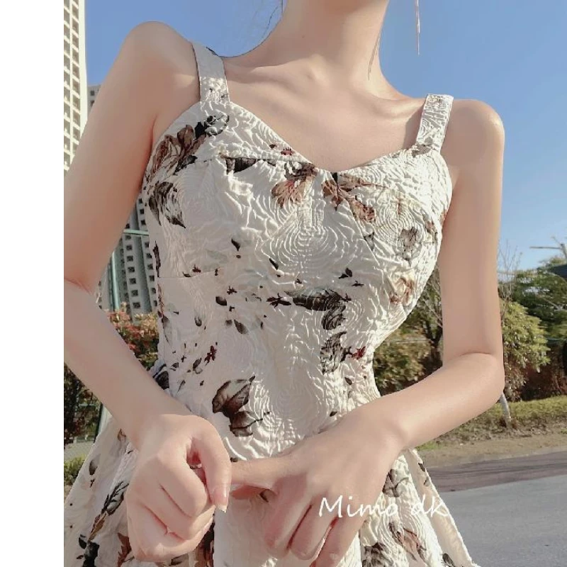 

Goddess French Vintage Strap Floral Dress Women Elegant Sexy Party Backless Midi Dresses Retro Sweet Holiday Print Dress Summer