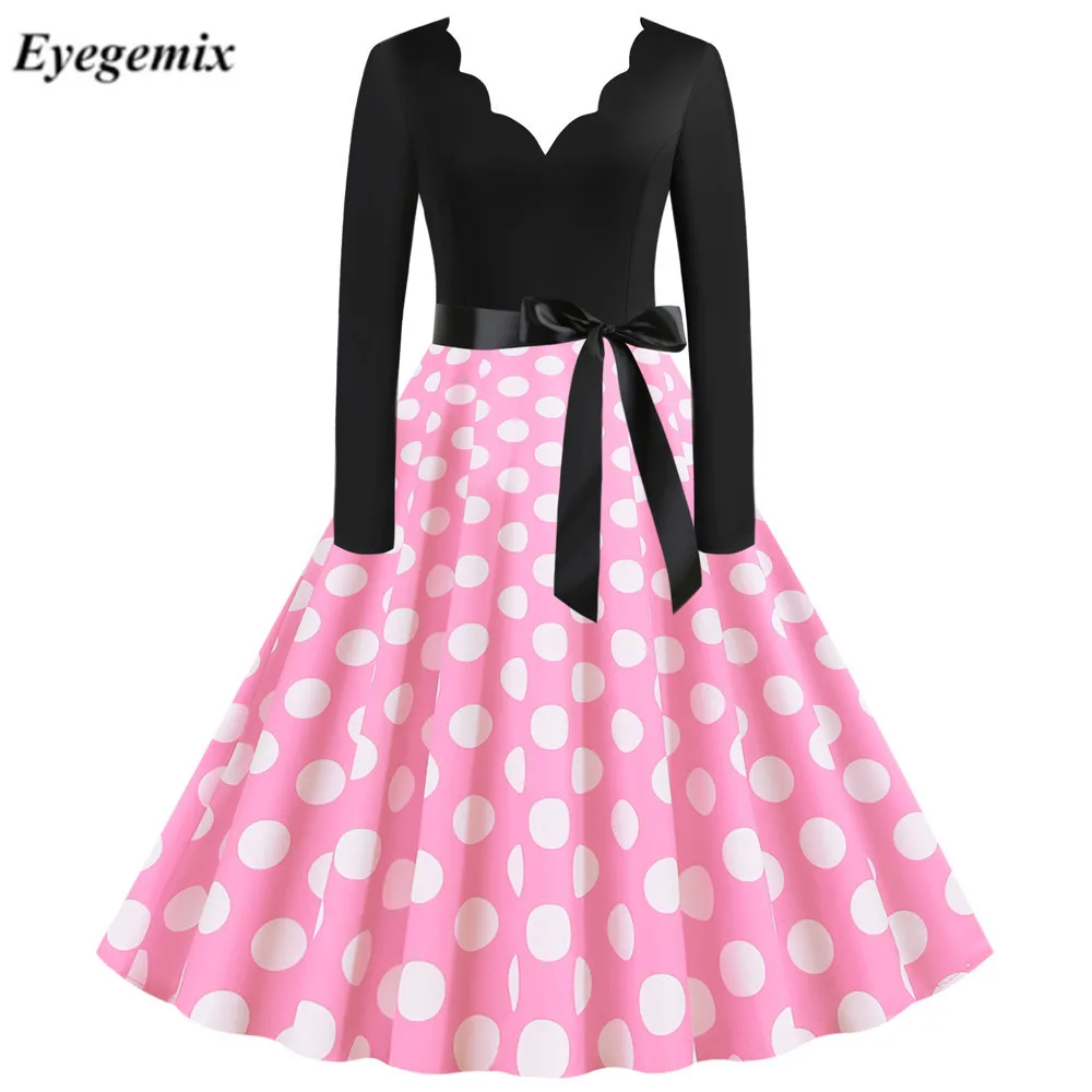 Женское винтажное платье в горошек с V-образным вырезом и длинным рукавом |