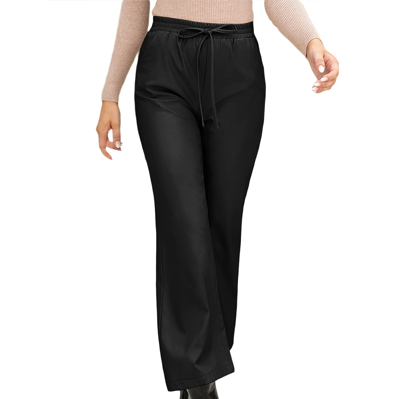 

Women PU Leather Pants, Solid Color Tied Elastic-Waist Straight-Leg Trousers with Pockets for Girls, Black/Brown