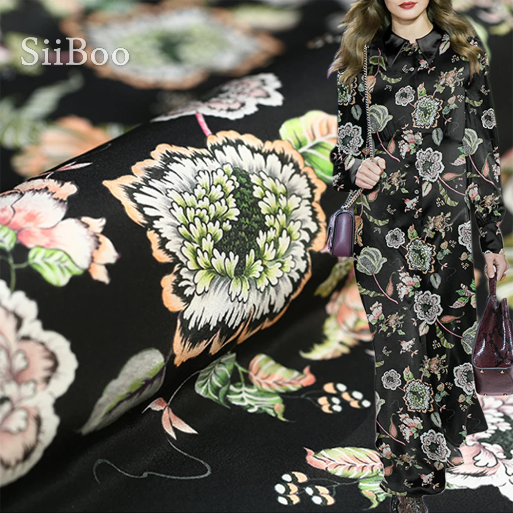 Роскошная Черная Цветочная Цифровая печатная 16 мм крепдешин шелковая ткань для