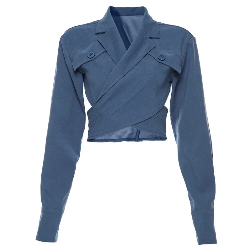 Misswim Elegant long sleeve crop top Blazer coat women Autumn buttons blazer female Cross strap fashion outwear Streetwear new - Цвет: X19TP1461