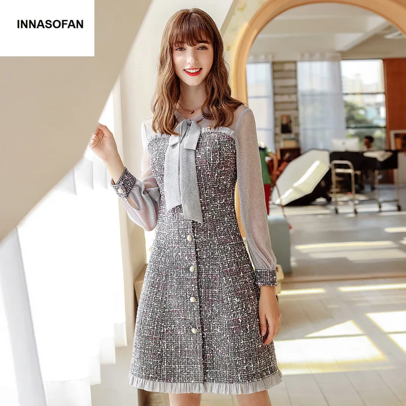 INNASOFAN мини платье женское весна осень длинный рукав тюль высокая талия модное