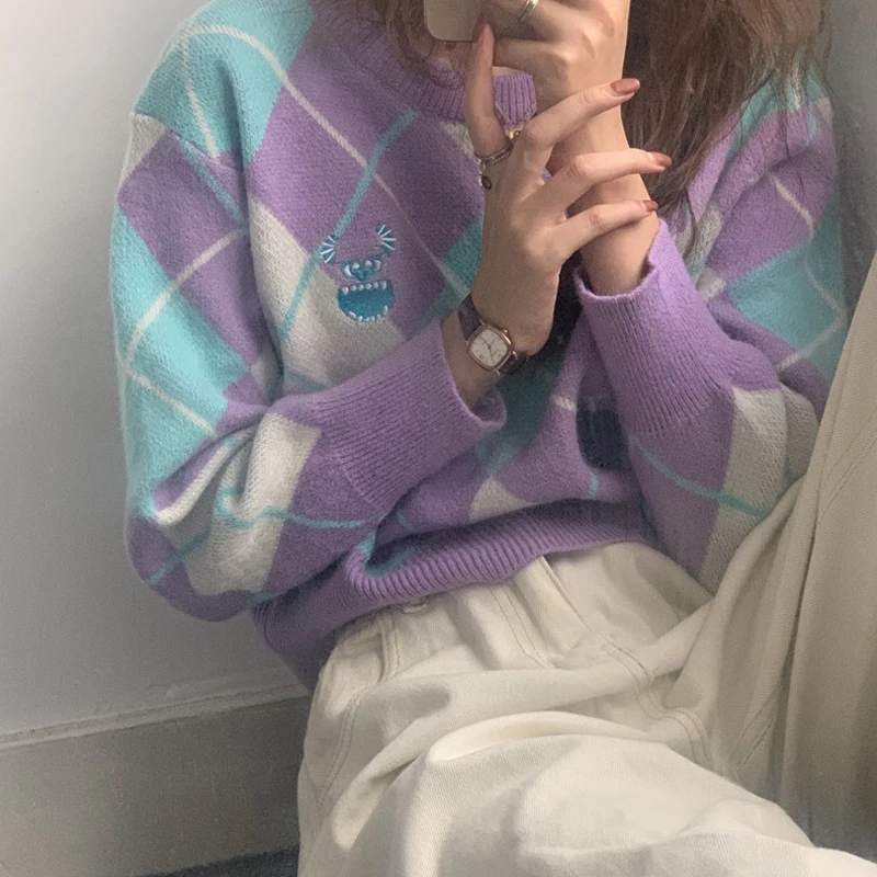 Женский свитер Woherb в клетку сезон зима-осень 2022 корейский вязаный джемпер