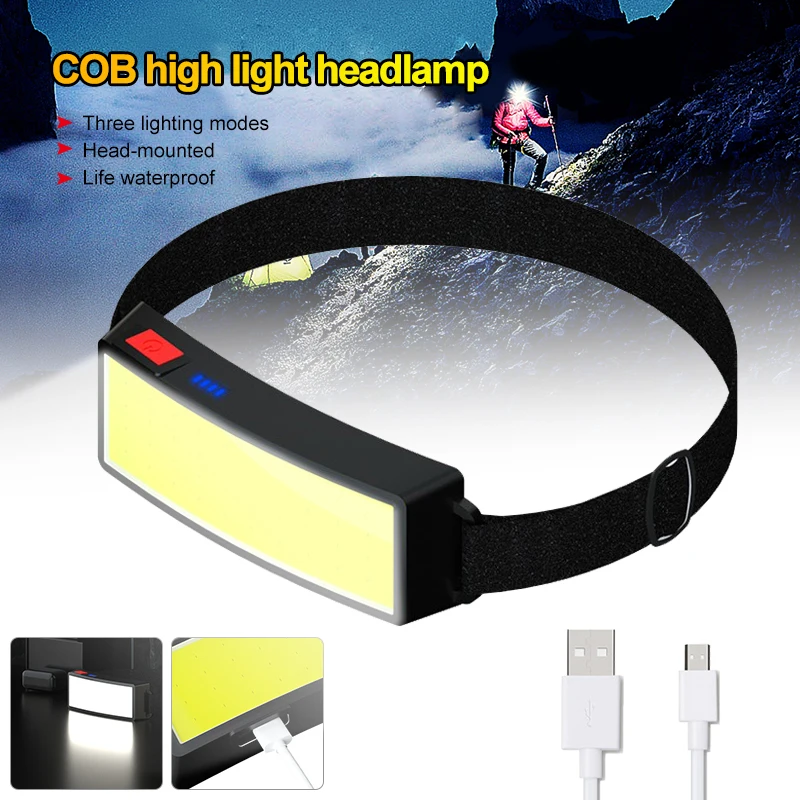 

Outdoor Head-Mounted Mini COB Strong Headlight USB Rechargeable Camping Fishing Soft Head Lamp Hiking Torch Built-in Battery