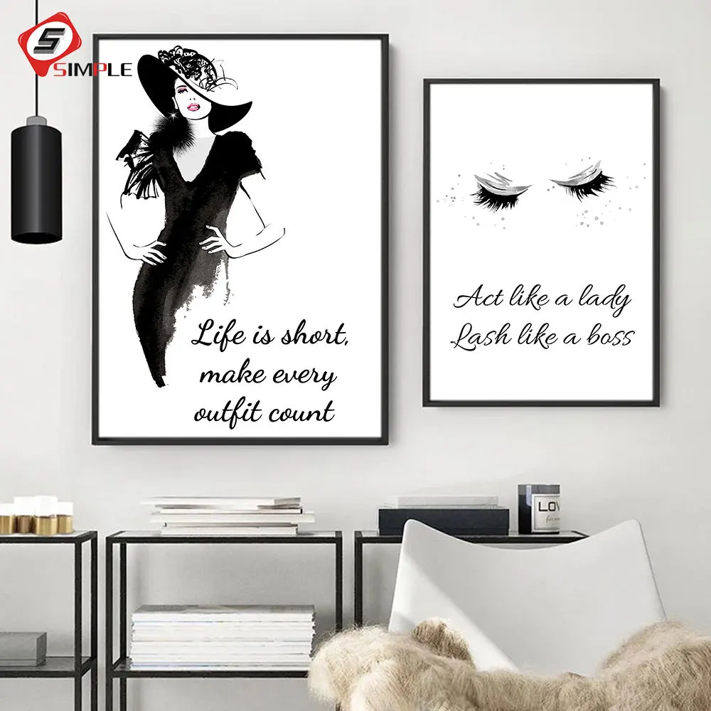 

Life Is Short Quote Fashion Lady Painting Black Lashes Wall Picture For Room Decorative Girls Poster Canvas Print on the Wall
