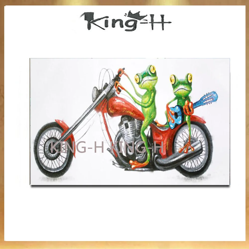 Artista pintado a mano mercno divertido Animal Rana con Halley motocicleta pintura al óleo en lienzo dibujo de r|Рисование и