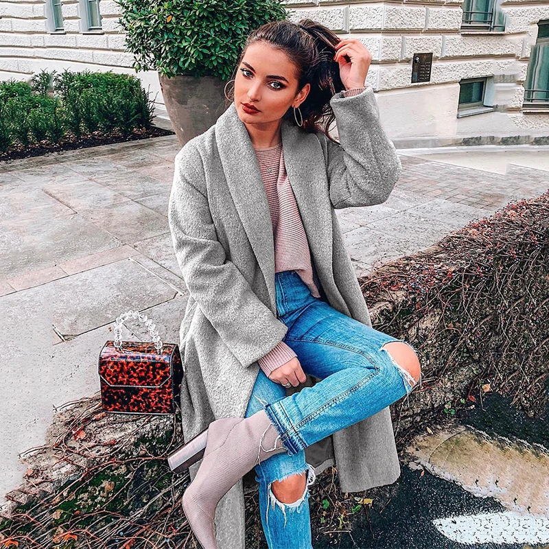 Осень-зима 2019 модное одноцветное шерстяное повседневное пальто женское теплое