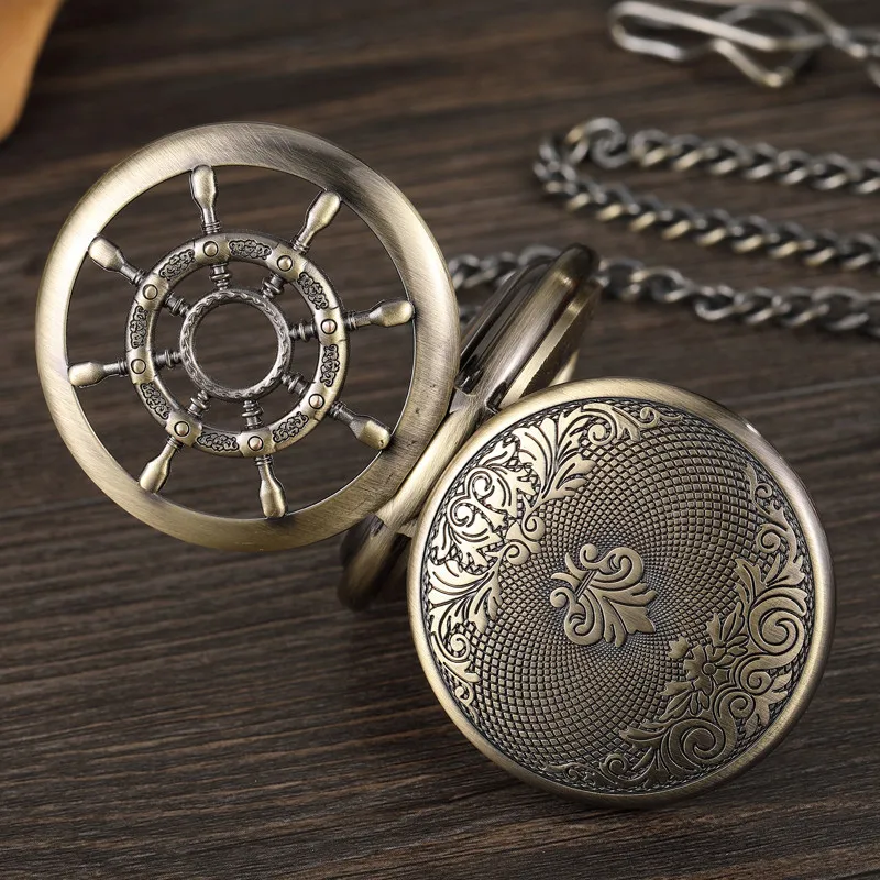 Vintage Roman Number Rudder Design Mechanical Pocket Watch Men Unique Double Sided Steampunk Bronze Pocket Watch With Chain Gift