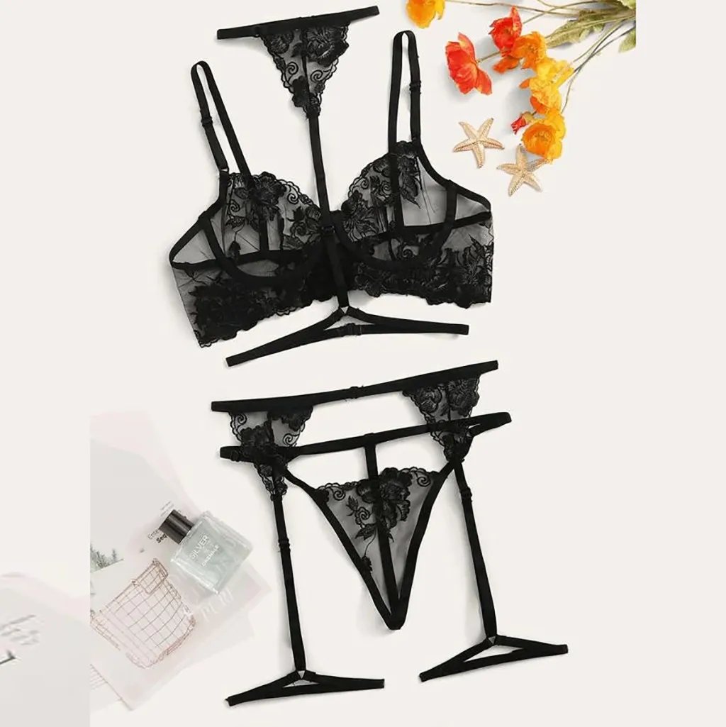 2020 New Sexy Women's Mesh Lingerie Bra+Garter+Briefs Set Cut-Out Sleepwear Exotic Babydoll Lady Underwear Nightwear | Тематическая