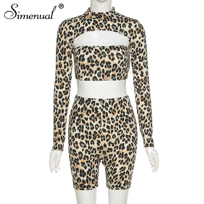 

Simenual Leopard Sexy Going Out Outifts Bodycon Women Long Sleeve Crop Top And Biker Shorts Two Piece Sets Hollow Out Clubwear