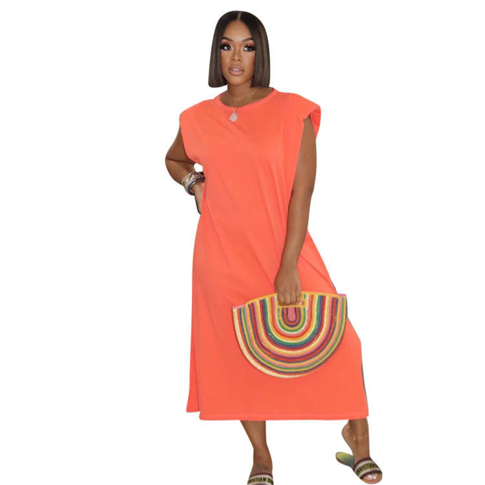 

SSEURAT Women Sleeveless O-neck Solid A-line Long Dress Basic Classic Fashion Summer Dresses