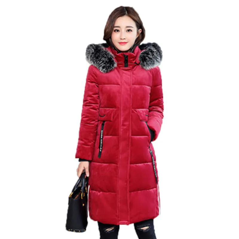 2019 длинные однотонные золотые бархатные тонкие женские зимние куртки с