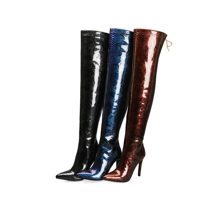 Eokkar 2020 Women Over The Knee High Boots Pointed Toe Thigh High Heel All Match Patent Leather Ladies Winter Boots Size 34-43