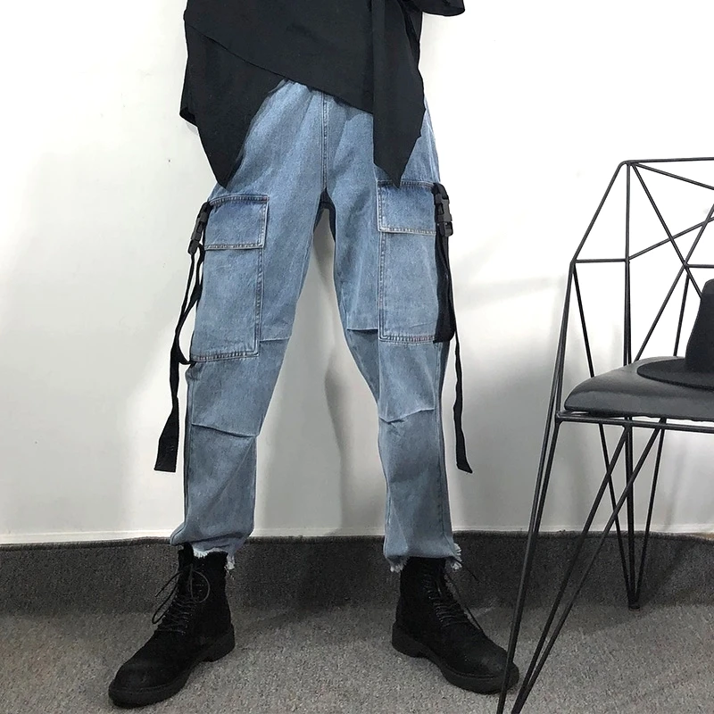 2021 Fall fashion men's multi-pocket light blue jeans cargo pants loose straight pants High quality ruffled trousers