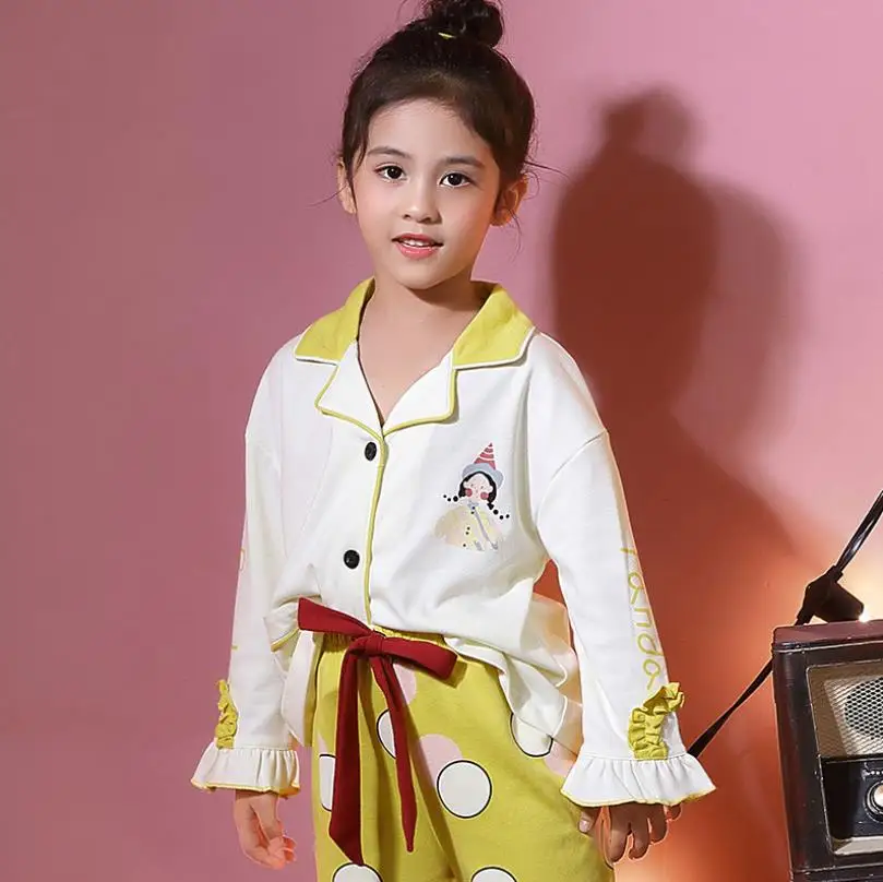 100% хлопок Детские комплекты с длинными рукавами и оборками Домашняя одежда