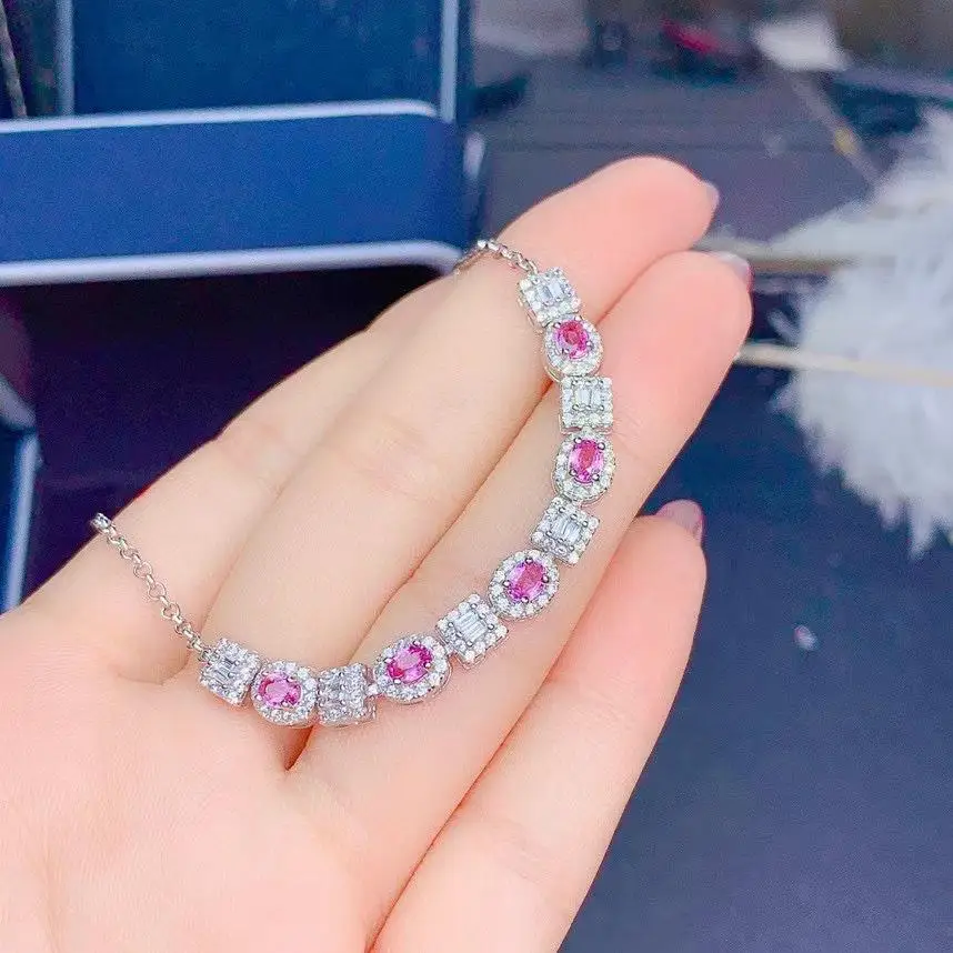 

luxurious geometry Square round natural pink sapphire Bracelet Natural gemstone bracelet S925 silver woman party gift jewelry
