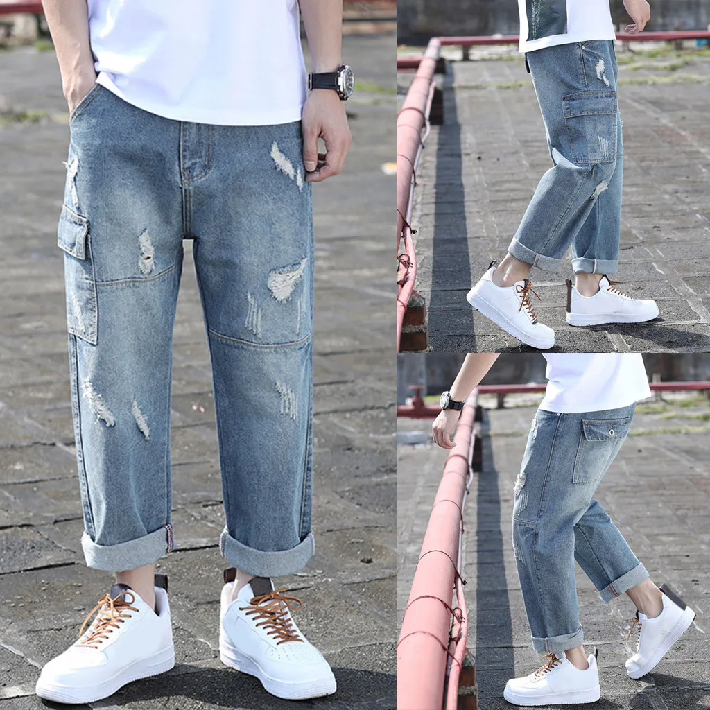 SAGACE мужские прямые свободные джинсовые брюки большого размера с дырками