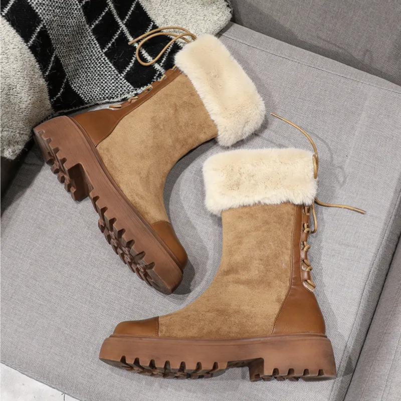 Женские ботинки GRITION зимние на толстой подошве Прошитые кожаные плюшевые Ботинки