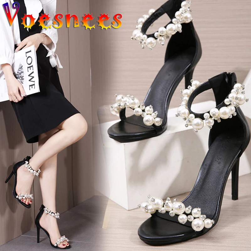 

Summer New Heel Sexy One Word String Pearl Zip Cover Sandals Walk Show Thin High Heels Shoes Peep Toe Sweet Wedding Women Shoes