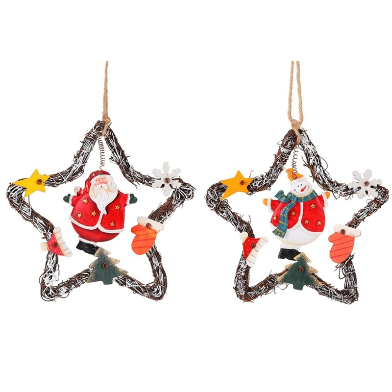 

Christmas Retro Five-pointed Star Snowman Pendants Artificial Rattan Wreath Wall Hanging Ornaments Garland Home Festival Decor