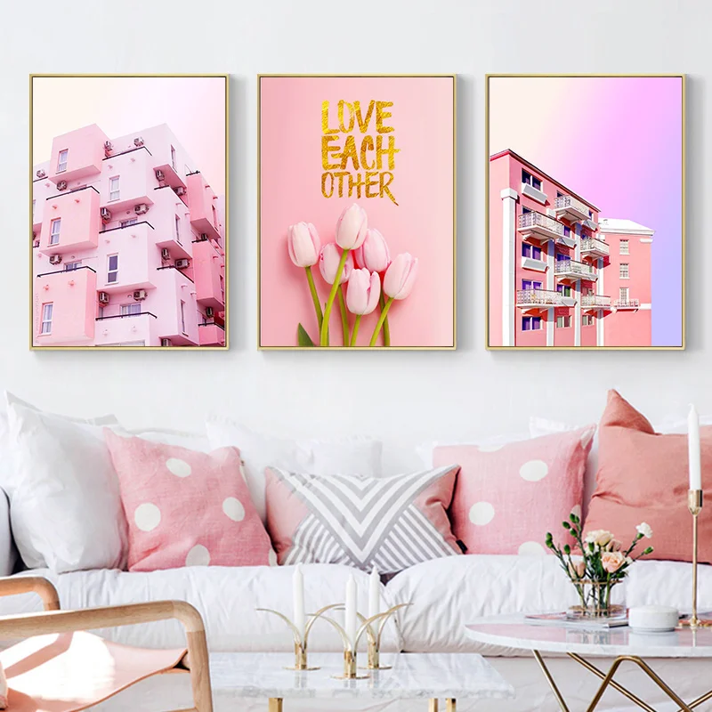 Картина на холсте настенные розовые архитектурные цветы домашний декор