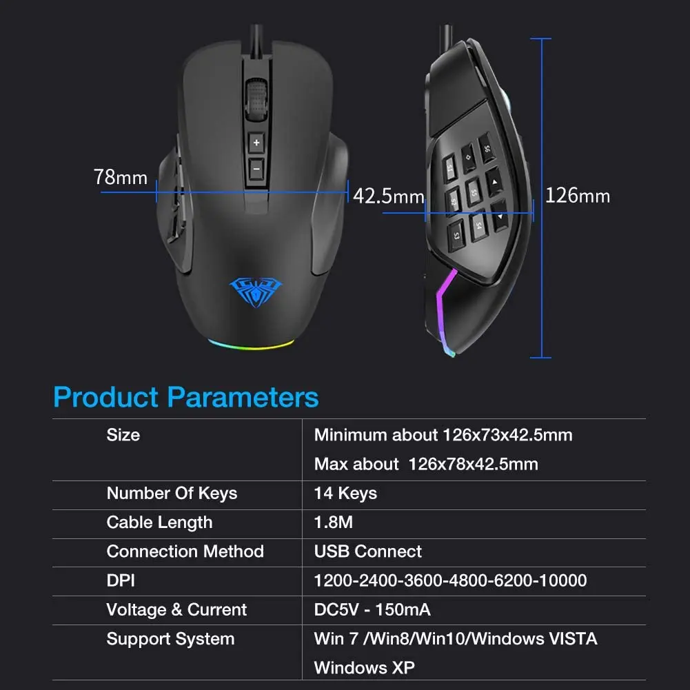AULA H510 Gaming Mouse Wired RGB 10000 DPI USB Computer Gamer LED Silent Ergonomics Game Mice for PC Laptop Desktop - купить по