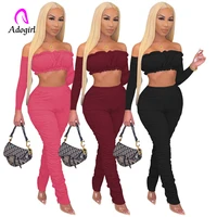 womens fashion sexy 2 two piece pants sets slash neck long sleeve short tops skinny long trousers workout stretchy outfits